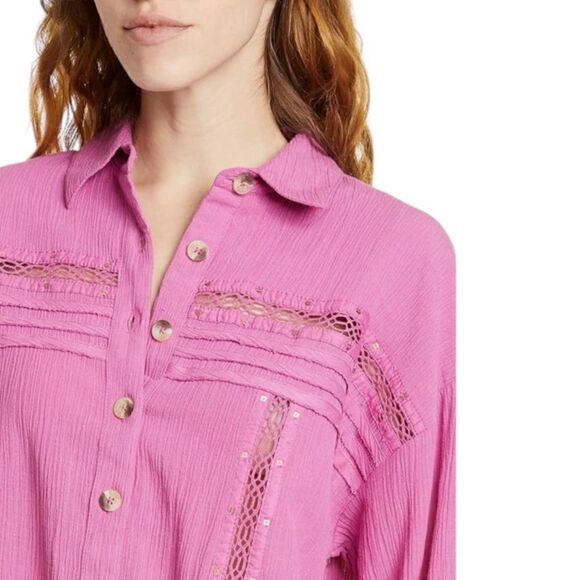 Free People Summer Stars Crochet Trim Button Down Top - Picture 9 of 9
